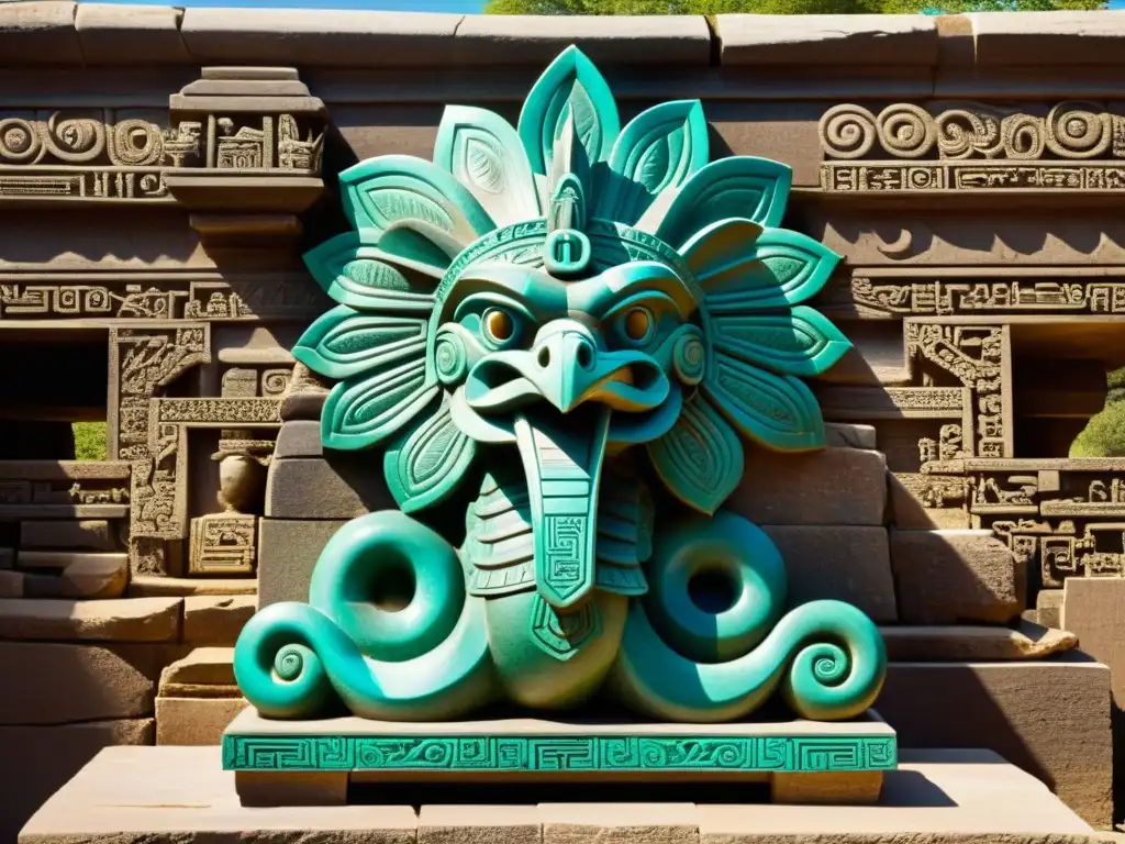 Escultura de Quetzalcóatl en ruinas antiguas, con detalles impresionantes y una atmósfera que evoca la influencia de Quetzalcóatl en la filosofía