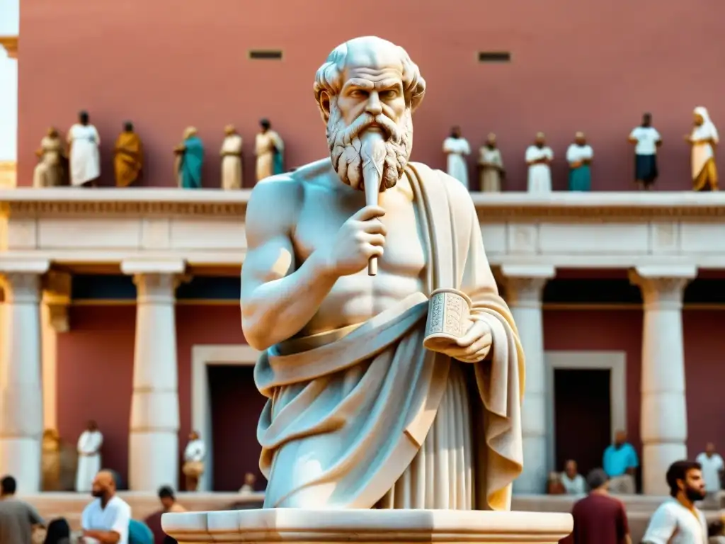 Escultura de Sócrates en postura reflexiva, rodeado de una bulliciosa plaza griega
