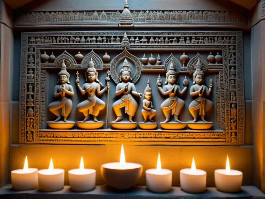 Esculturas intrincadas de los Tirthankaras en un templo antiguo, expresando el camino hacia moksha en jainismo con serenidad y espiritualidad