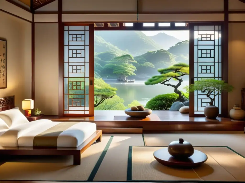Un espacio armonioso con mobiliario chino tradicional y decoración Feng Shui y Taoísmo en espacios
