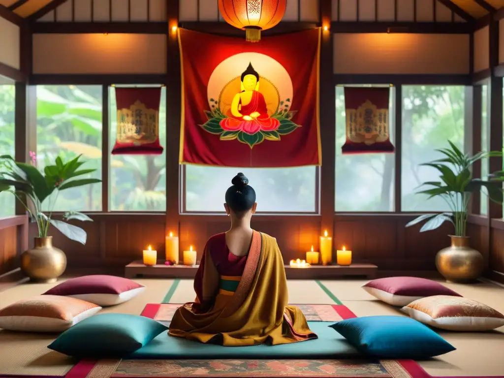 Un espacio de meditación budista sereno y acogedor con iluminación natural, tapices vibrantes y cojines mullidos
