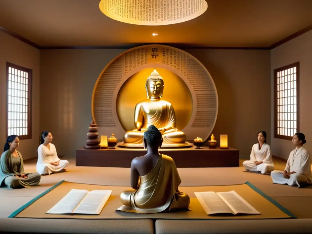 Espacio de meditación iluminado, con estatua dorada de Buda y libros
