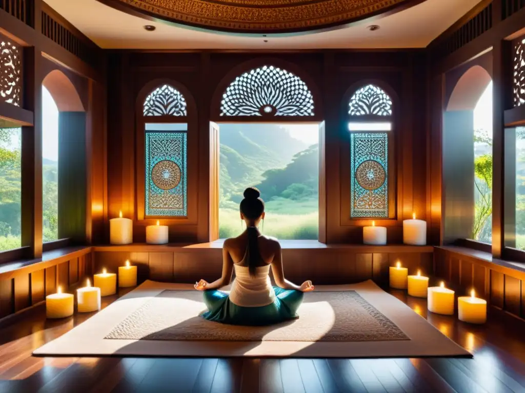 Espacio de meditación con mantras como herramienta para transformación, iluminado por suave luz natural y decorado con vibrantes tapices y cojines