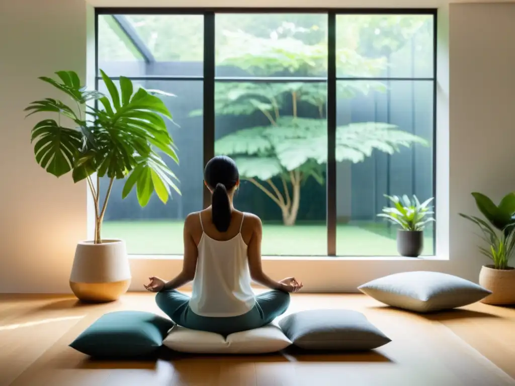 Espacio de oficina zen con meditador en jardín tranquilo