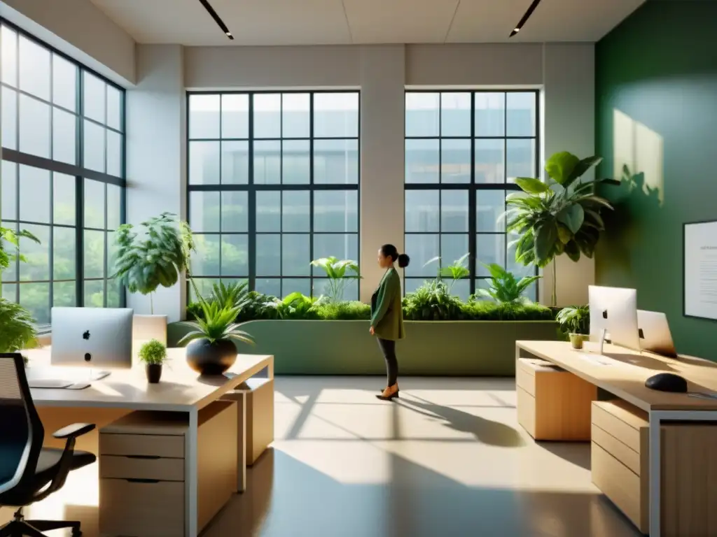 Espacio de oficina sereno con luz natural, plantas verdes y prácticas de mindfulness en el trabajo para productividad