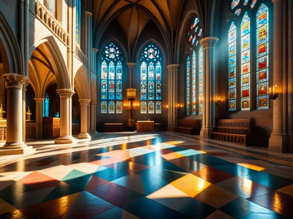 Un espacio sagrado: la majestuosidad de una catedral medieval iluminada por vitrales coloridos y adornos religiosos