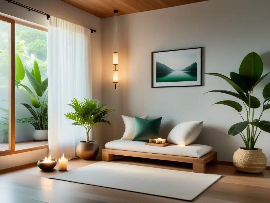 Rincón de meditación en casa: espacio sereno con cojín, altar de madera, incienso, velas, ventana amplia, arte calmante y planta verde