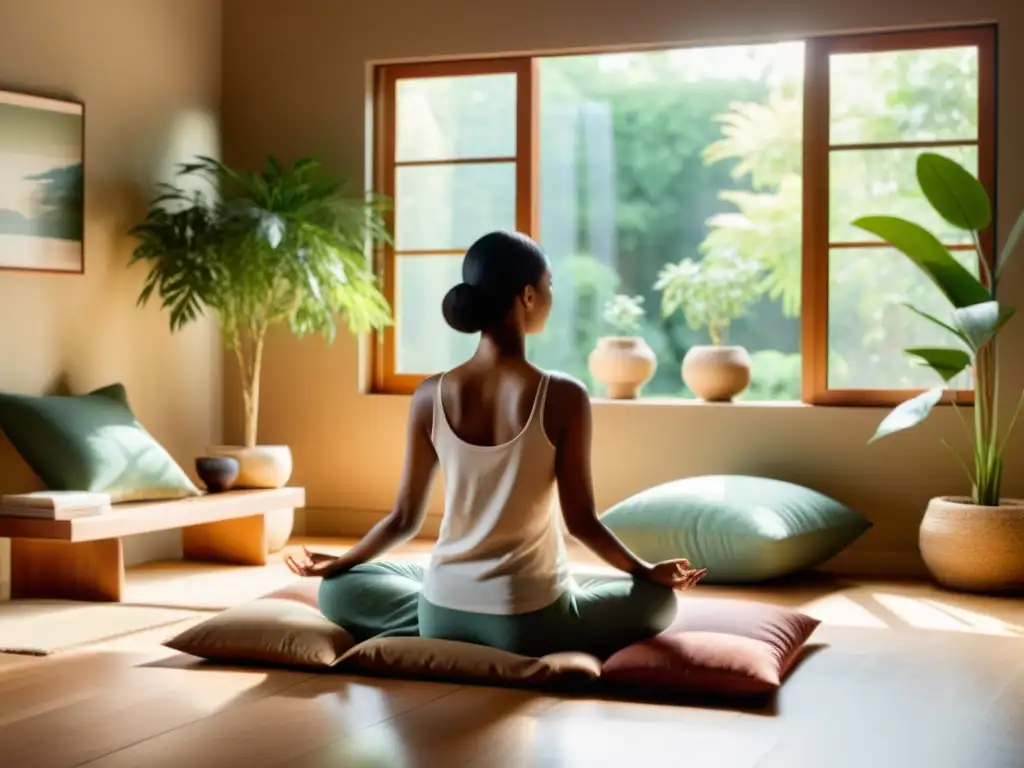 Espacio sereno con meditación en jardín, decorado en tonos tierra, incorporar meditación filosofías orientales