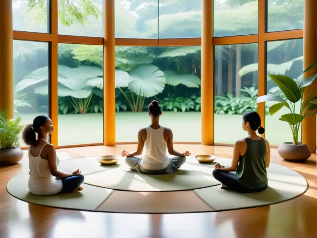 Un espacio de meditación sereno, iluminado por el sol, con ventanales que muestran un jardín pacífico