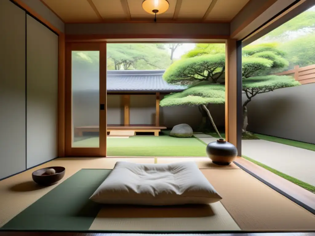 Espacio de meditación sereno con influencias japonesas, tatamis, cojín de meditación y un altar con incienso