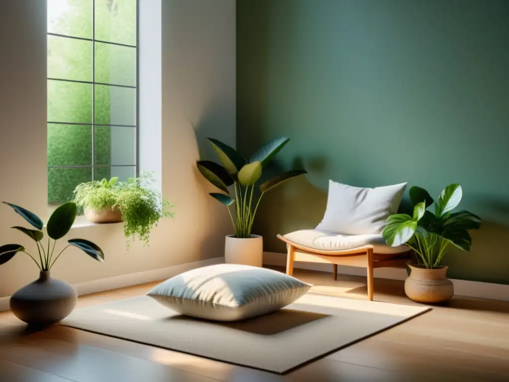 Rincón de meditación en casa: Espacio sereno con luz natural, plantas verdes y colores calmantes, ideal para la meditación