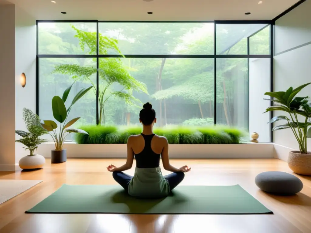 Un espacio de meditación sereno y minimalista con luz natural, plantas verdes y un cojín de meditación