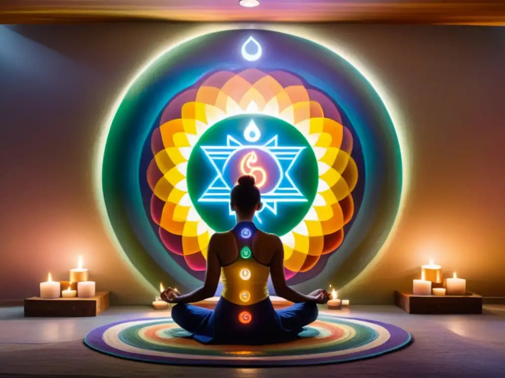 Espacio de meditación sereno con mural de chakras y Budismo centros energía, rodeado de velas y meditadores en paz