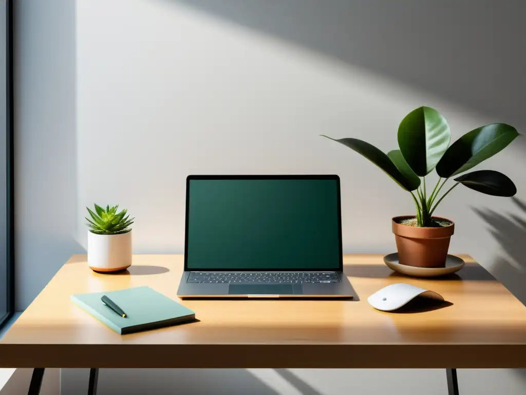 Espacio de trabajo minimalista con laptop, planta y artículos de oficina