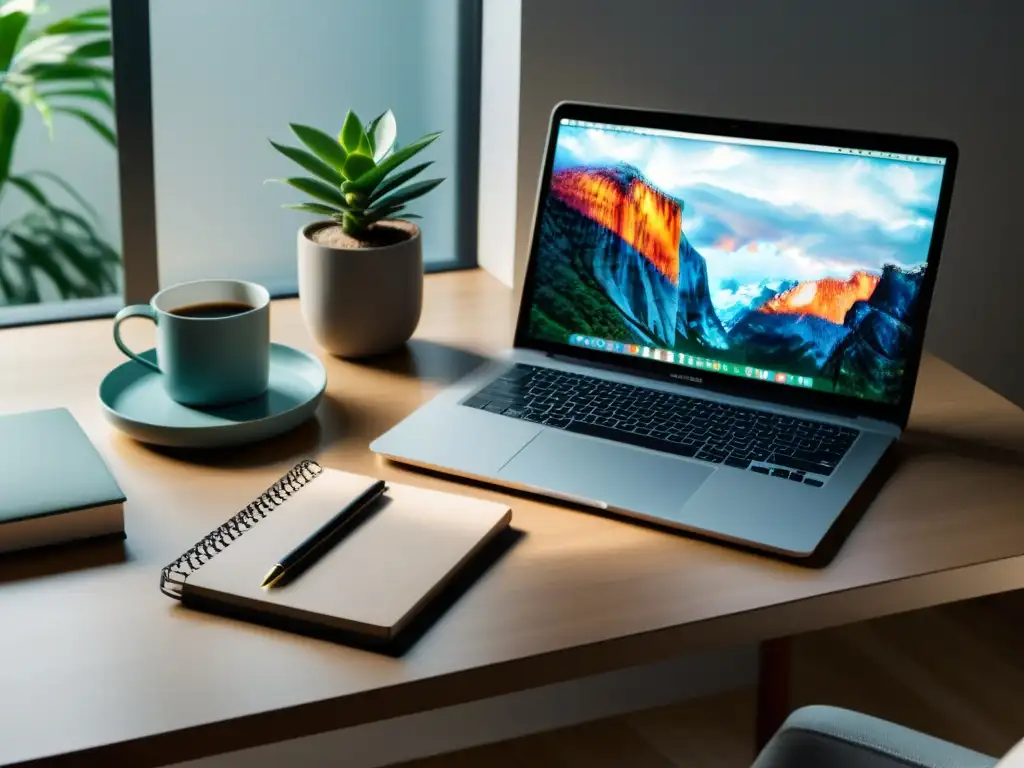 Un espacio de trabajo minimalista y sereno con laptop moderno, planta y artículos de papelería