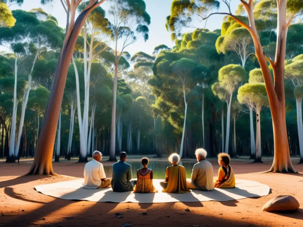 Espacios sagrados de meditación en la naturaleza del outback australiano, donde ancianos aborígenes meditan en círculo entre eucaliptos centenarios
