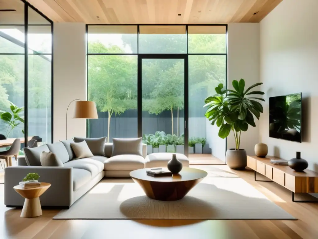 Espaciosa sala de estar moderna con diseño sustentable influenciado por ecología profunda, muebles minimalistas y luz natural