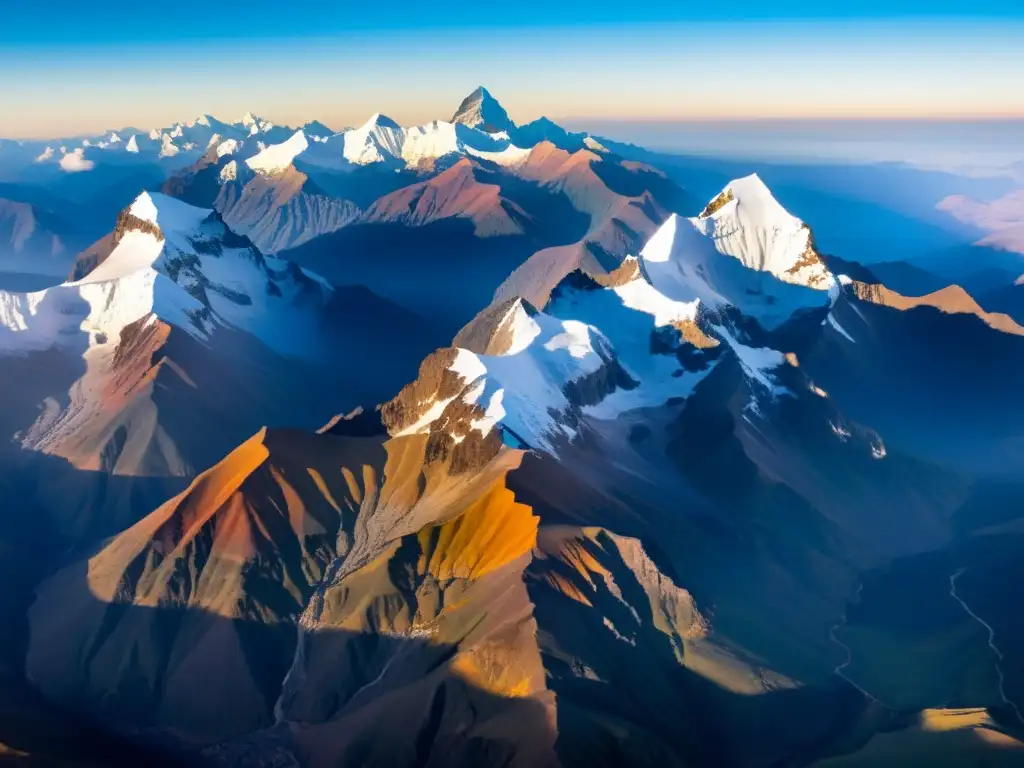 Espectacular atardecer en los Andes, con picos nevados y valles envueltos en niebla, mostrando el modelo ético equilibrio coexistencia andina
