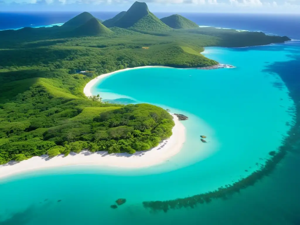 Espectacular vista aérea de la exuberante naturaleza caribeña, playas doradas y aguas turquesa