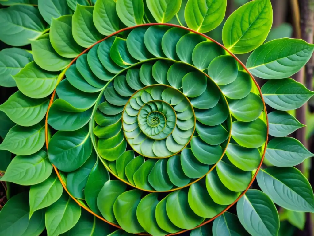 Una espiral Fibonacci en la naturaleza con hojas verdes vibrantes, simbolizando el misticismo matemático y la conexión con la naturaleza