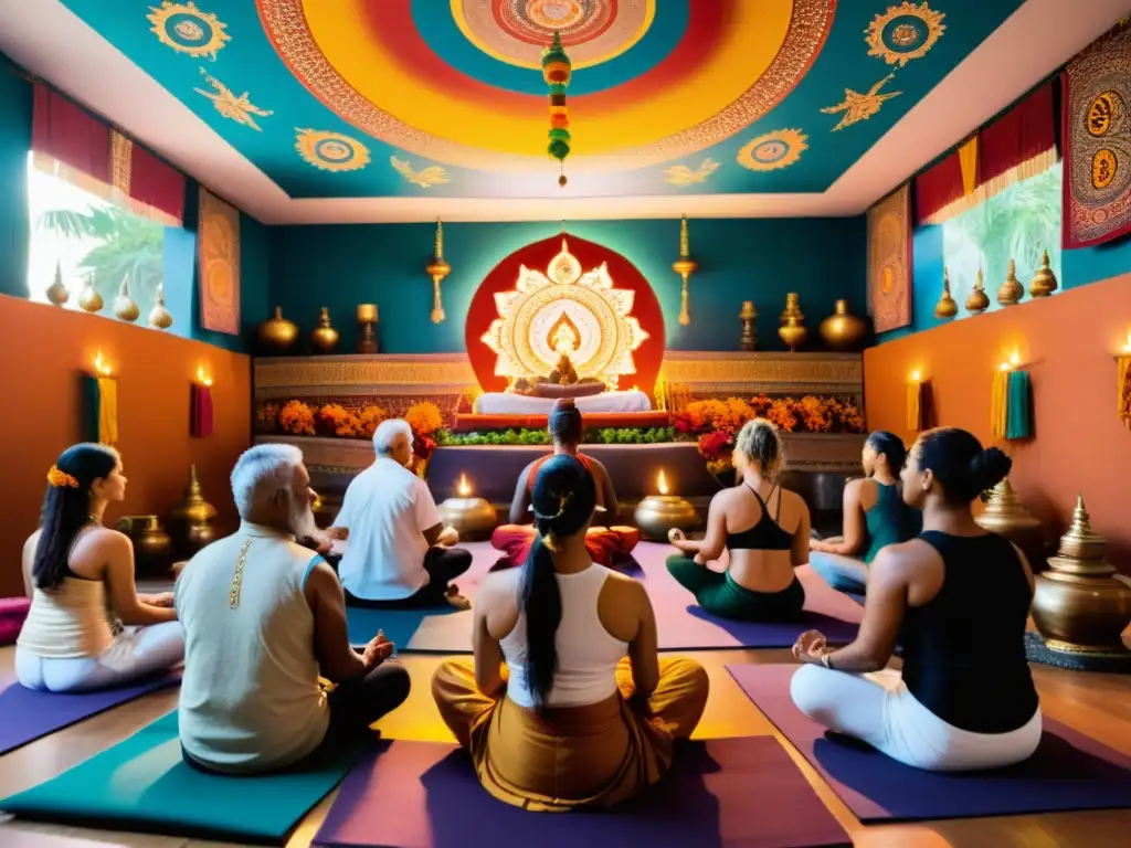 Práctica espiritual en un templo hindú, con rituales, meditación y danza sagrada