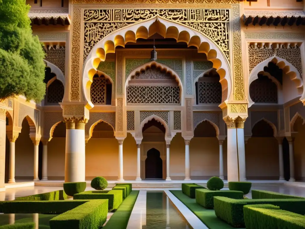 Espléndida Alhambra con influencias de filosofía en AlÁndalus era de oro, bañada por cálida luz dorada y detalles arquitectónicos cautivadores