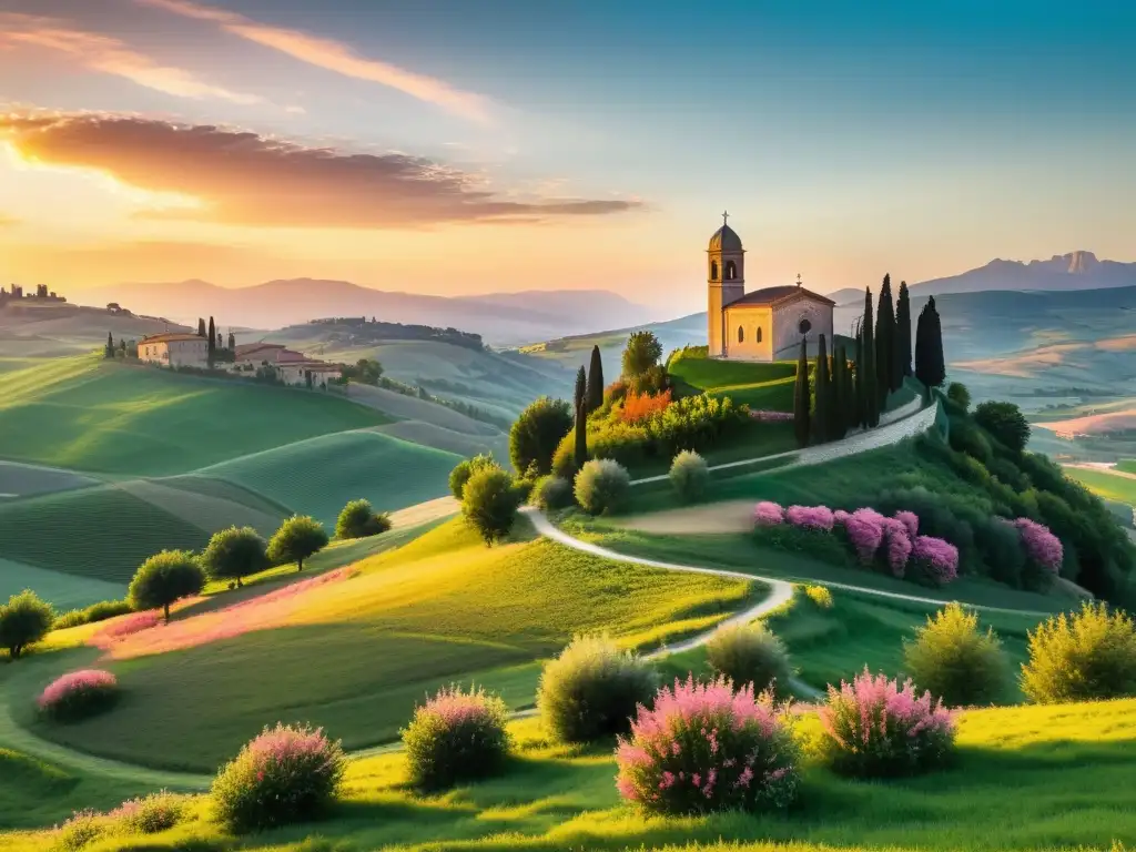 Espléndido amanecer en el campo italiano con colinas verdes y una iglesia entre cipreses