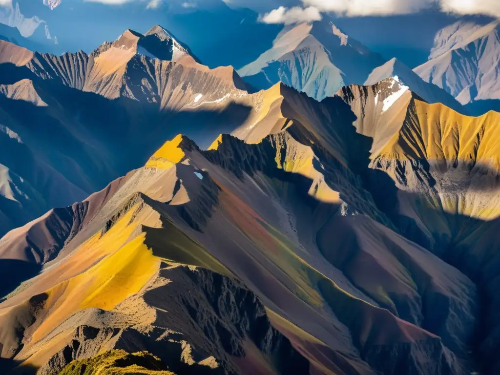 Espléndido amanecer en las montañas andinas, con el sol irradiando una cálida luz dorada sobre los picos rocosos