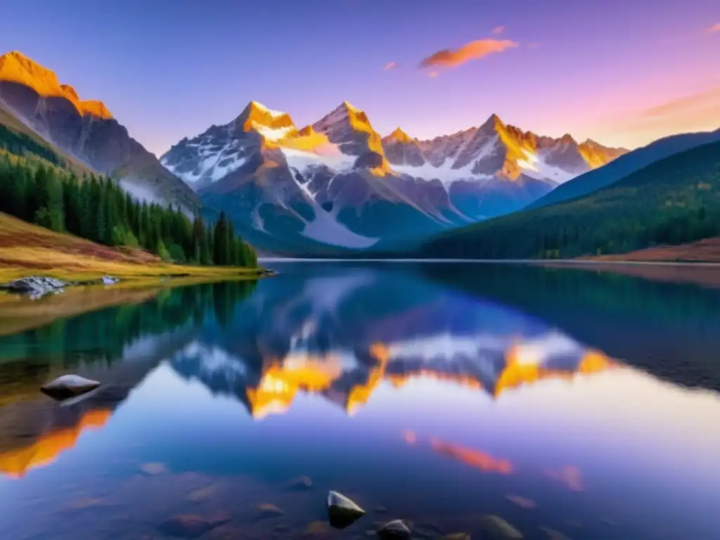 Espléndido amanecer en las montañas reflejado en un lago sereno, capturando el significado de las Cuatro Nobles Verdades del budismo