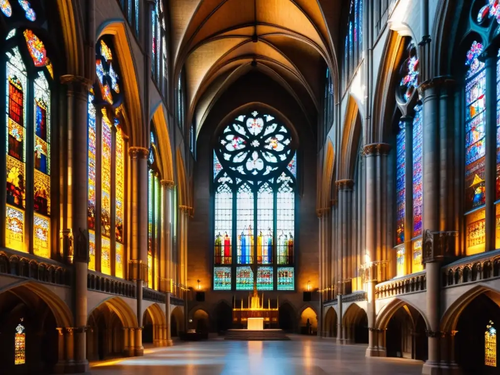 Esplendor de la luz y sombra en arquitectura gótica: vitrales y pilares iluminados en majestuosa catedral medieval