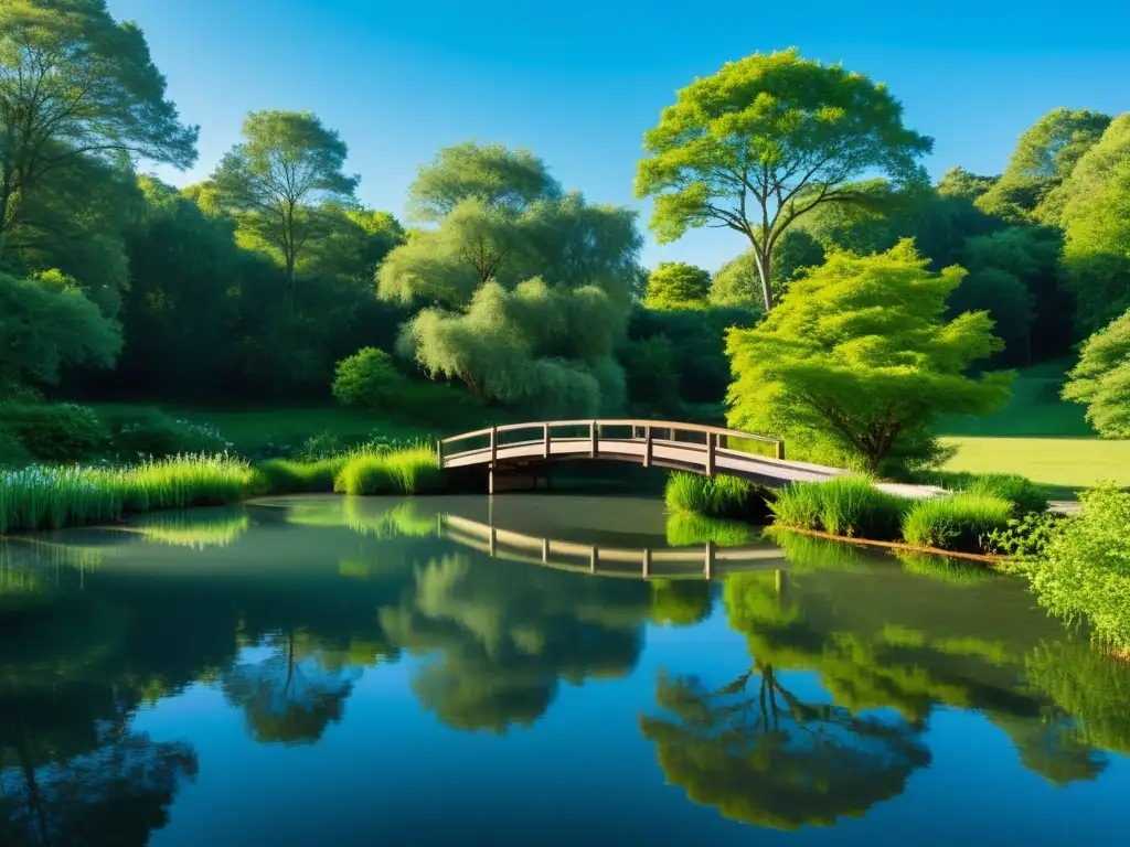 Un estanque sereno con un puente de madera, reflejando un cielo azul