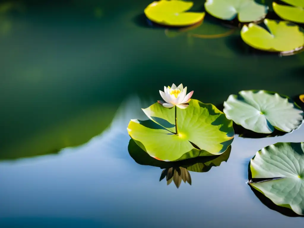 Un estanque sereno rodeado de exuberante vegetación, con un delicado loto flotando en la superficie