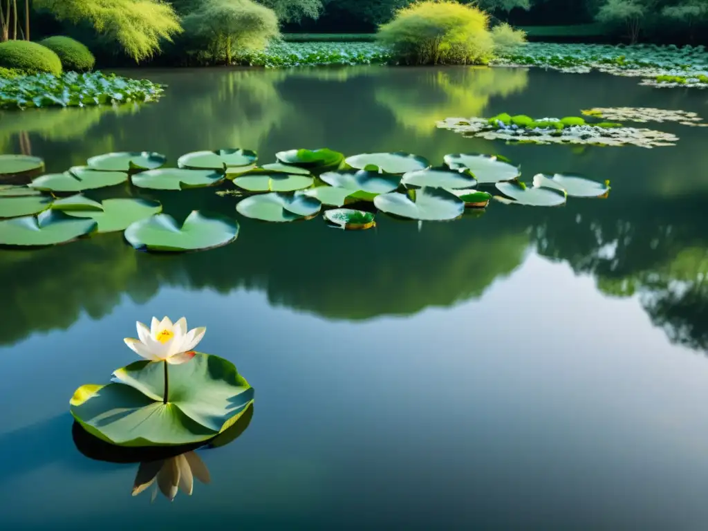 Un estanque sereno rodeado de exuberante vegetación, con un solitario loto flotando en el agua quieta