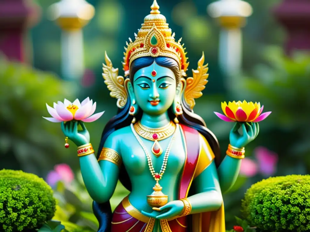 Una estatua adornada de una diosa hindú rodeada de exuberante vegetación y flores