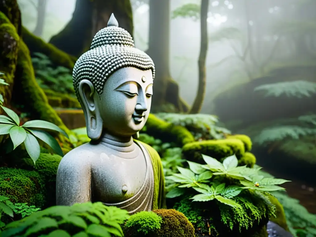 Estátua antigua del Buda en un bosque brumoso, bañada por luz matutina