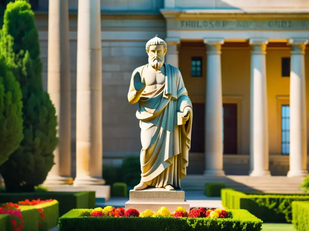 Estatua antigua de un filósofo, rodeada de naturaleza, evoca la importancia del escepticismo filosófico en un patio soleado