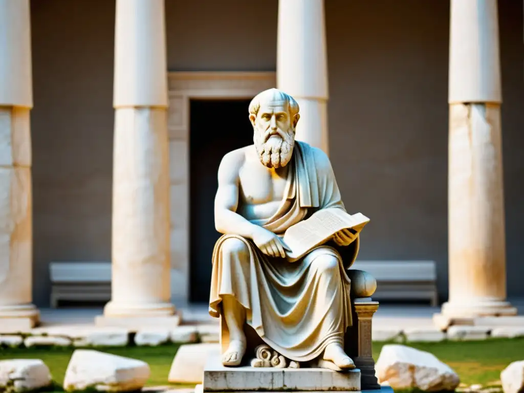 Estátua de mármol de Platón en una antigua ágora griega, evocando la relevancia de Platón en justicia con su sabiduría atemporal
