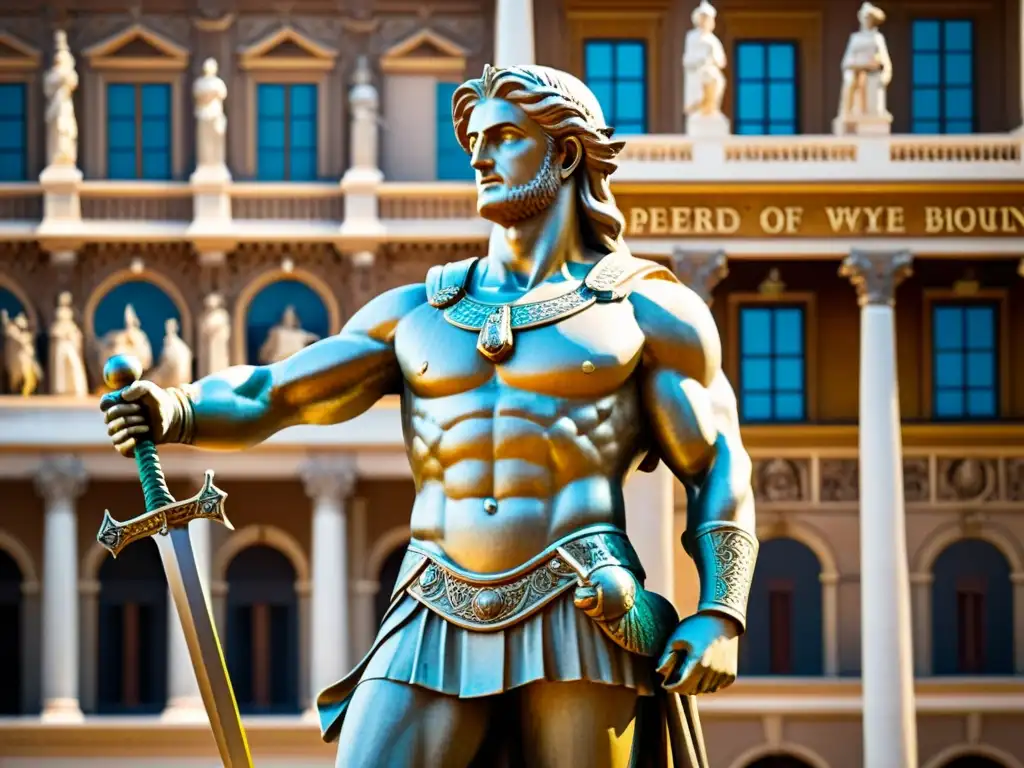 Estátua antigua de un héroe con espada, iluminada por el sol, en plaza concurrida