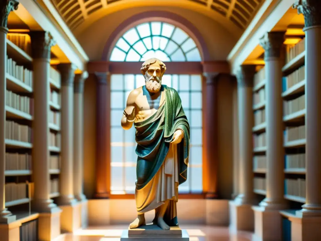 Estátua de Aristóteles en biblioteca antigua con rollos, luz cálida y expresión contemplativa