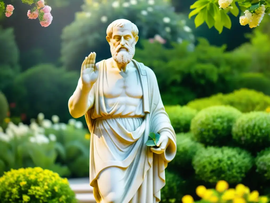 Estatua de mármol de Aristóteles en jardín con equilibrio emocional y naturaleza armoniosa