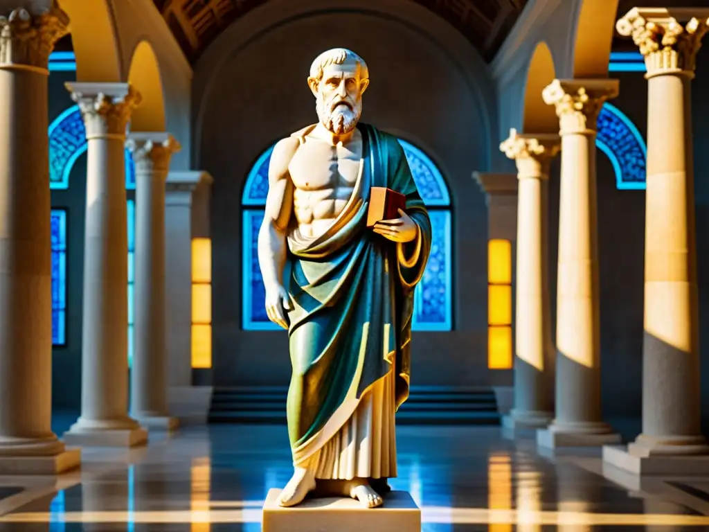 Estátua de Aristóteles en majestuoso salón de mármol iluminado por luz solar