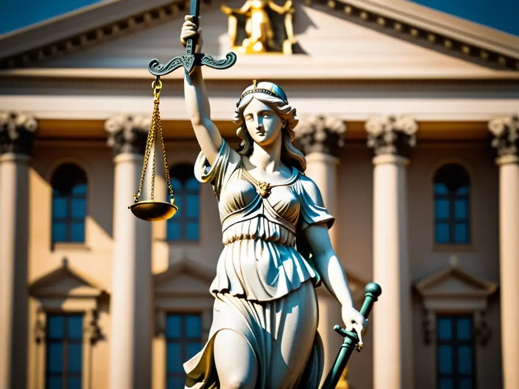Estátua detallada de la Dama Justicia con venda en los ojos, sosteniendo balanza y espada frente a imponente tribunal