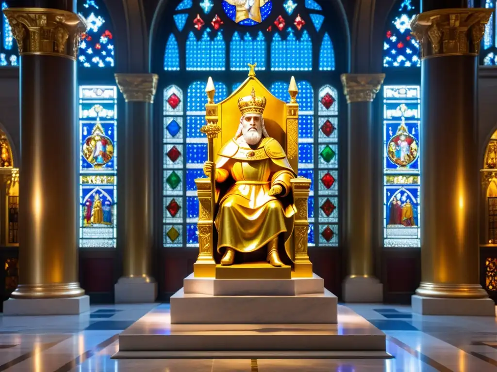 Estatua de oro de Carlomagno en un majestuoso salón Estatua dorada de Carlomagno en majestuosa sala de trono, simbolizando la visión política y filosófica de Carlomagno