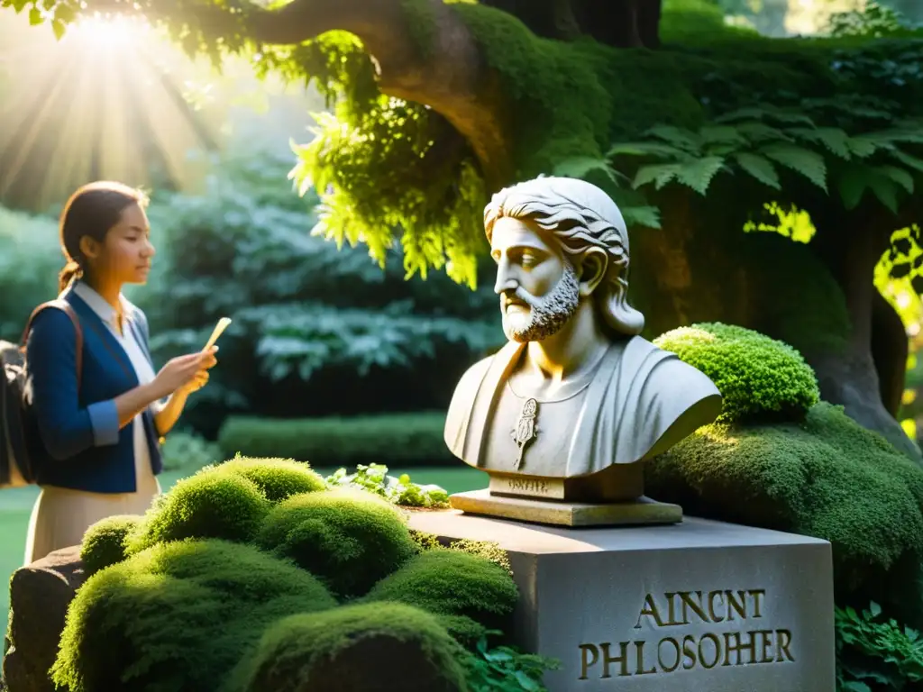 Una estatua de filósofo antiguo se yergue entre la naturaleza, mientras estudiantes debaten animadamente en un jardín sereno