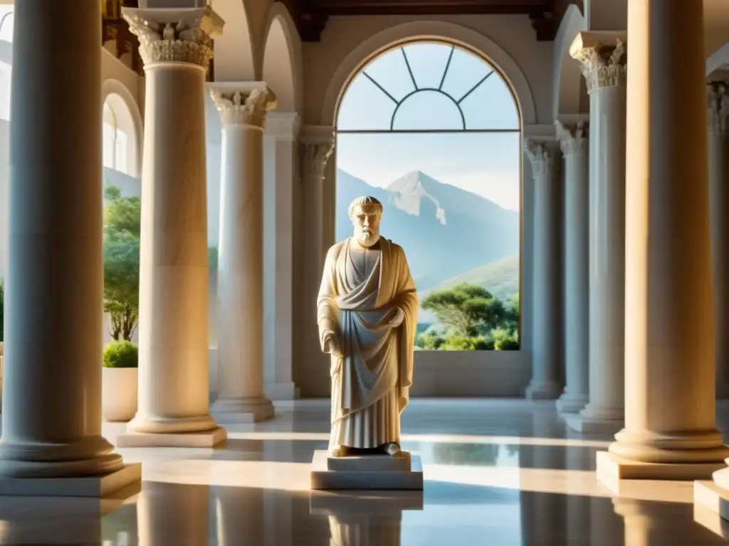 Estátua de mármol de un filósofo griego en un majestuoso pasillo, rodeado de altas columnas y luz natural
