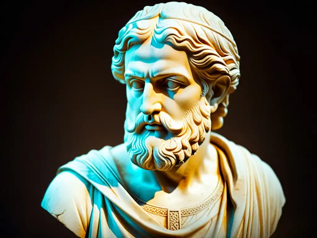 Estatua de mármol de un filósofo helenístico en pose reflexiva, con detalles intrincados