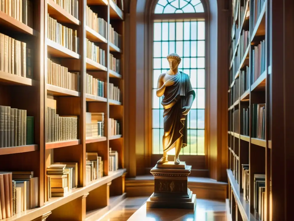 Estatua de mármol de un filósofo pensativo en una biblioteca antigua, simbolizando el concepto de libertad y la filosofía atemporal