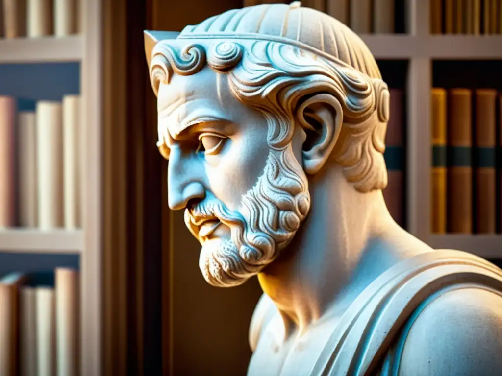 Estátua griega antigua de filósofo en biblioteca iluminada, evocando la Crítica de la Razón Cínica Sloterdijk