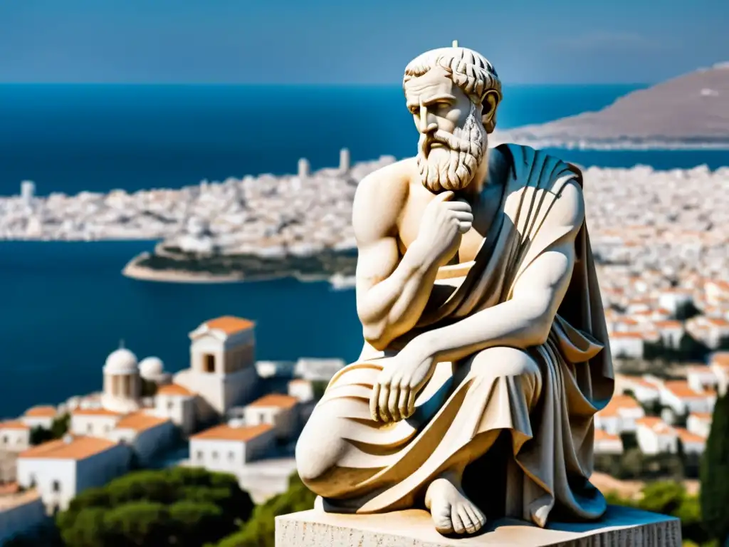 Estátua griega antigua de filósofo en ciudad moderna, simbolizando la Filosofía del evento en Badiou