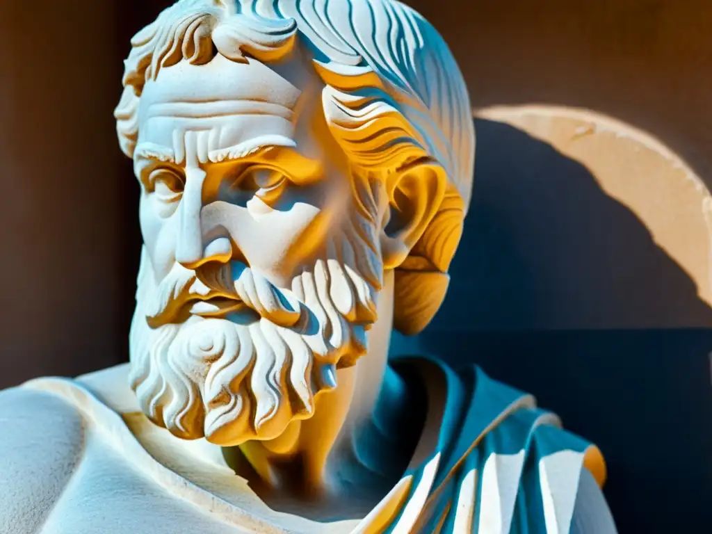 Estátua griega antigua de filósofo en profunda contemplación, resaltando la intensidad de su expresión y la textura del mármol